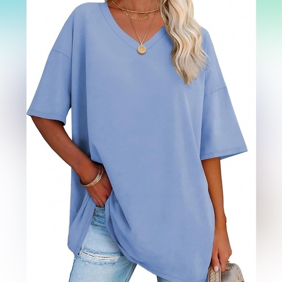 Womens Oversized V Neck Tees Half Sleeve Cozy Comfy Tunic - Picture 1 of 6